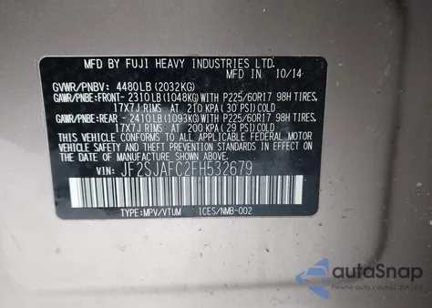 2015 Subaru Forester 2.5I Premium z USA, uszkodzony, nr VIN JF2SJAFC2FH532679